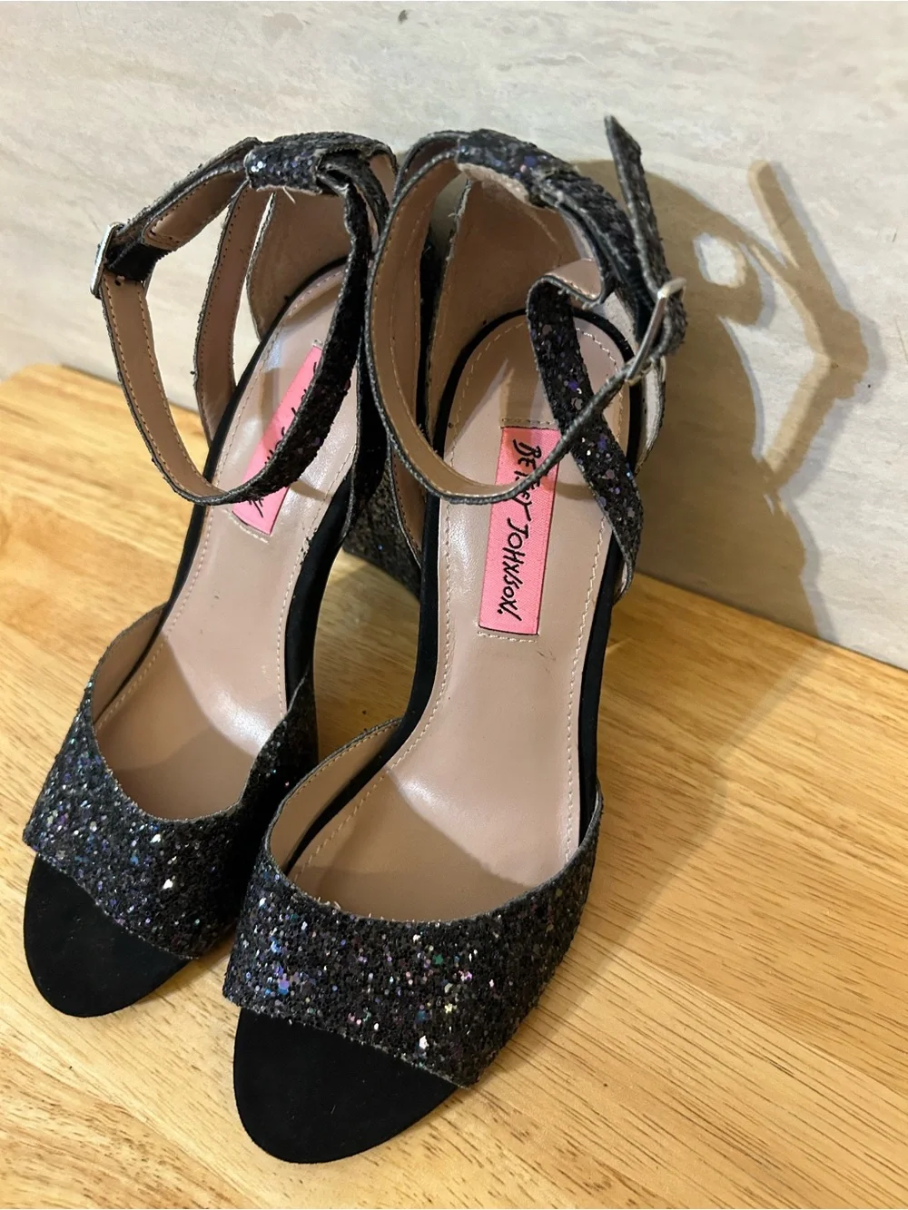 Betsey Johnson Glissten Black Glitter Ankle Strap Sandals.